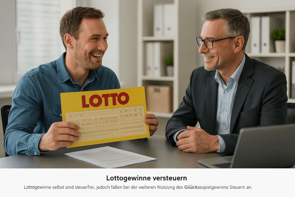 Lottogewinne versteuern – Lotto-Gewinner beim Steuerberater in moderner Beratungssituation